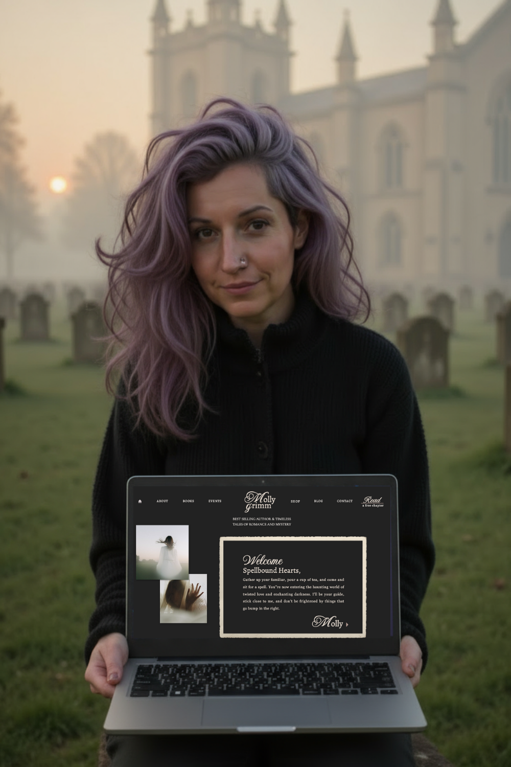 Mockup of a gothic Showit website template displayed on a laptop held by a woman with purple hair in a foggy graveyard, promoting a dark academia author web design.