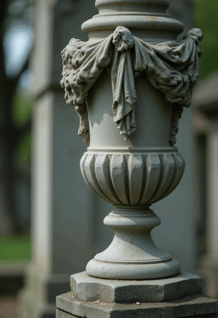 Draped urn memorial in a gothic cemetery