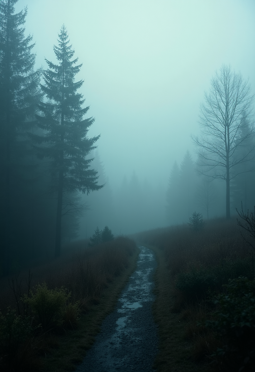 A narrow forest path winding through tall trees on a misty, fog-filled morning.