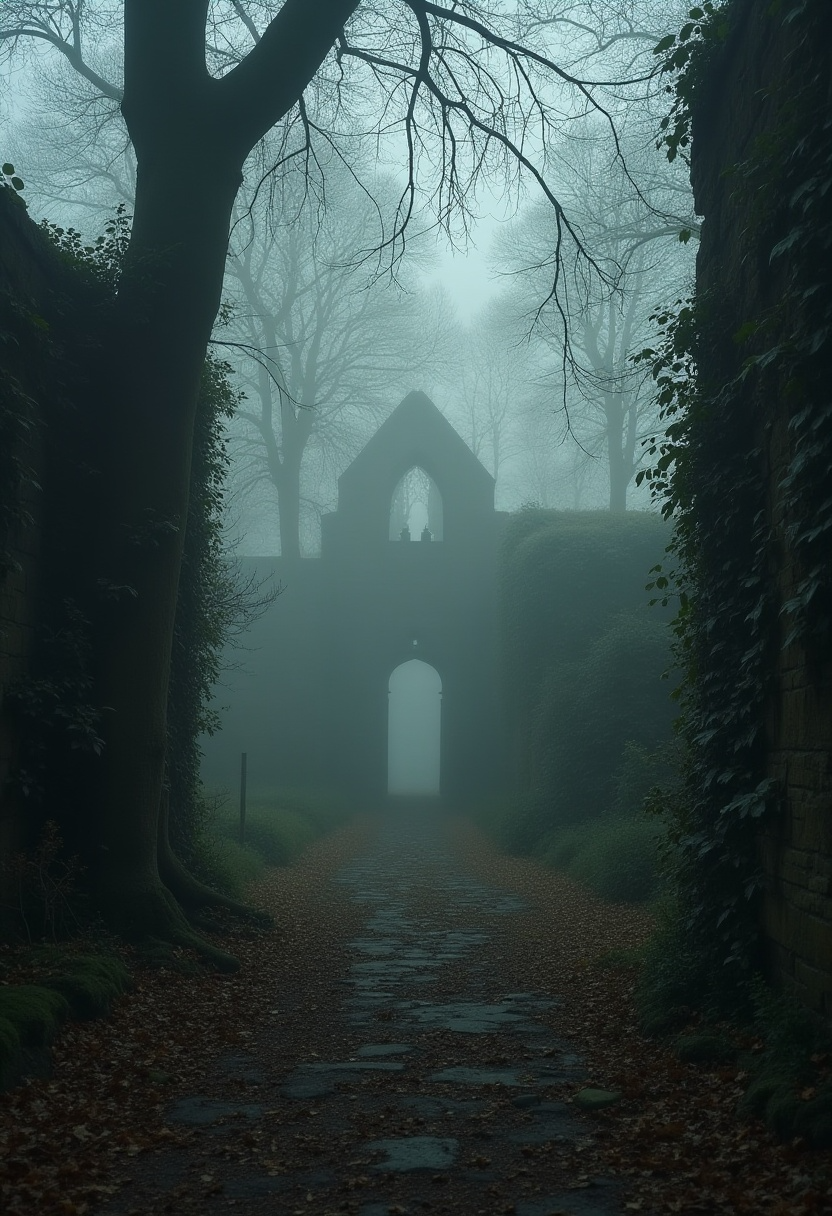 A gothic stone archway in ruins, shrouded in mist and framed by ivy.