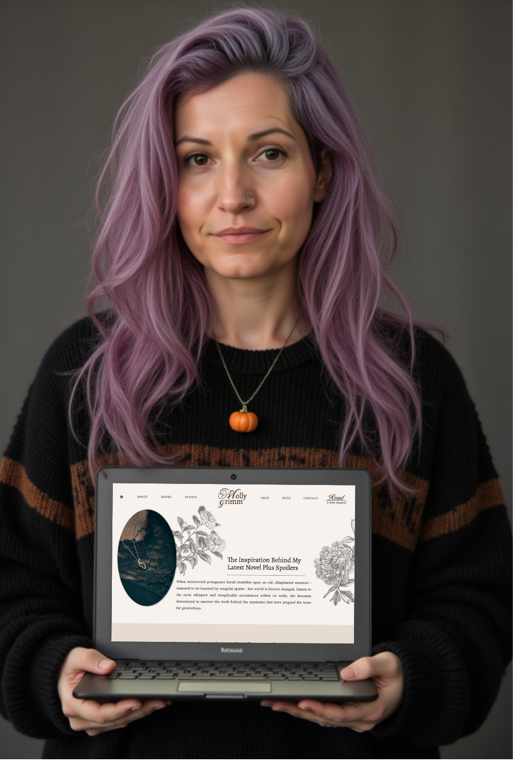 Laptop mockup of gothic author website template for Showit held by Jamie Sabot, the designer, with lavender hair and pumpkin necklace.