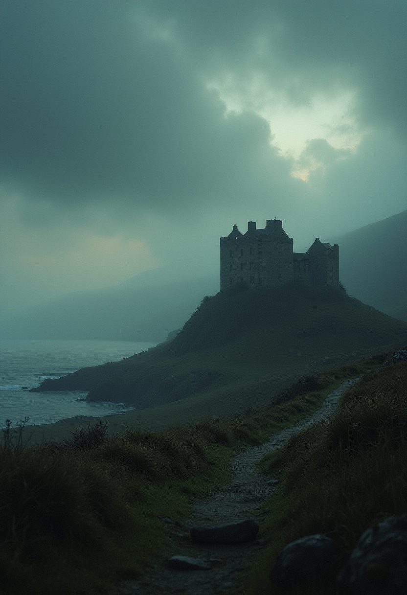 A gothic castle sits on a cliff overlooking the ocean under dramatic fog and clouds.