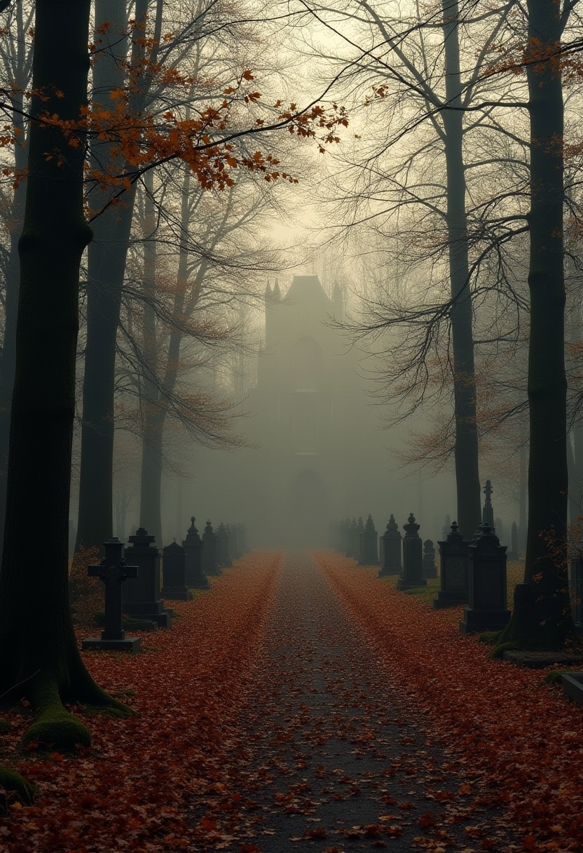 A foggy cemetery path lined with gravestones and autumn leaves leads to a gothic chapel.