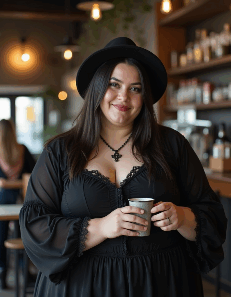 Woman in modern gothic fashion, black dress with lace details, gothic necklace and wide-brim hat, cozy café outfit
