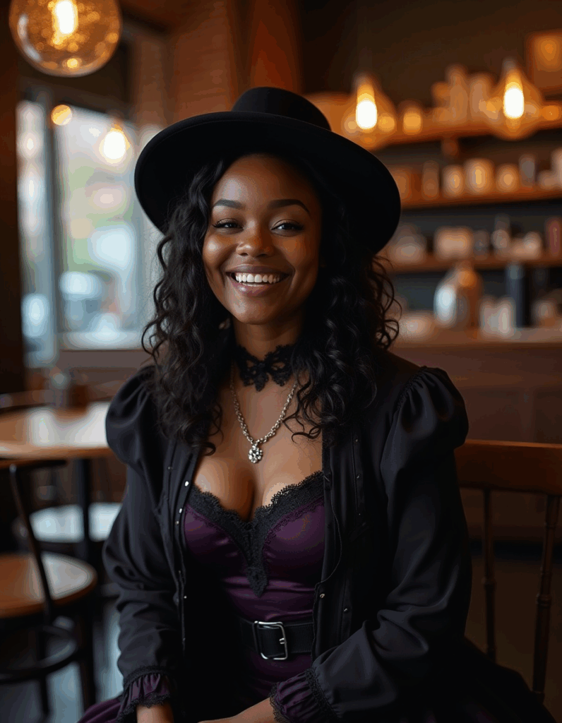 gothic fashion woman in plum lace corset dress with black hat and necklace, modern gothic outfit
