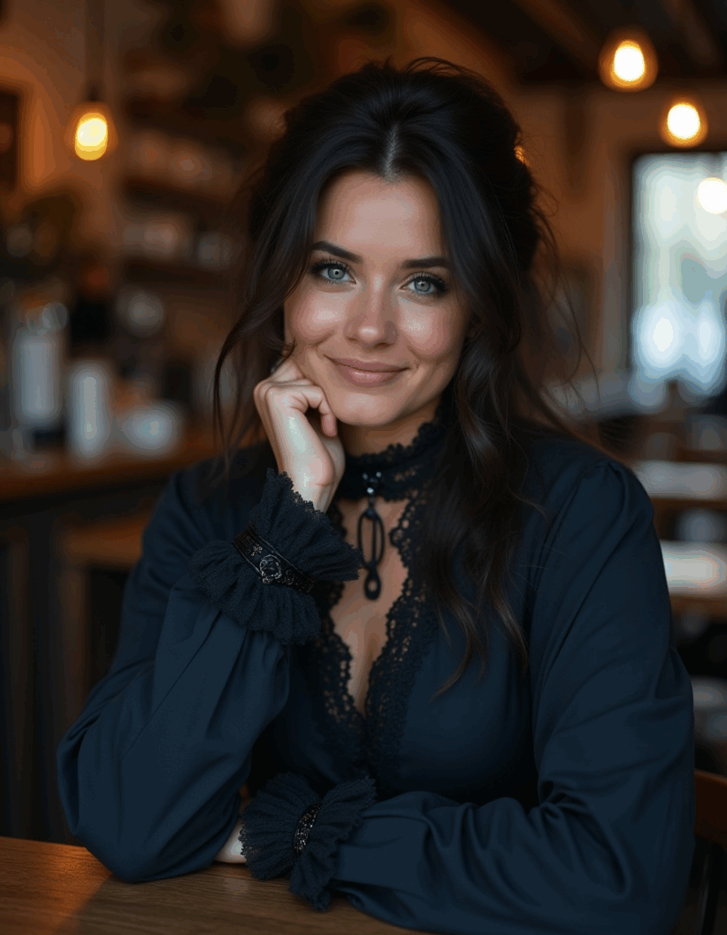 Modern gothic style outfit with lace blouse and dark academia fashion inspiration