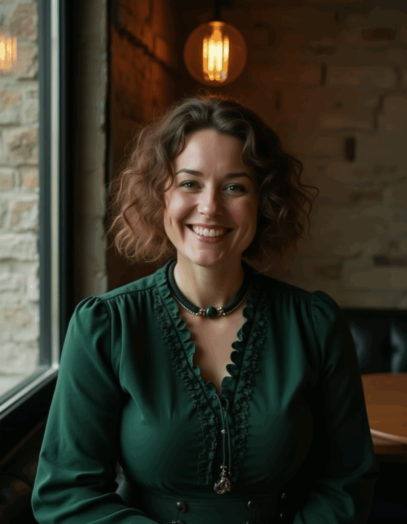 Woman wearing gothic-inspired green dress with ruffled trim and gothic necklace, modern gothic fashion at café
