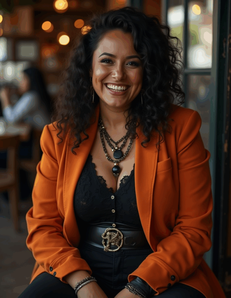 Modern gothic clothing with lace top, orange blazer, and layered gothic necklaces