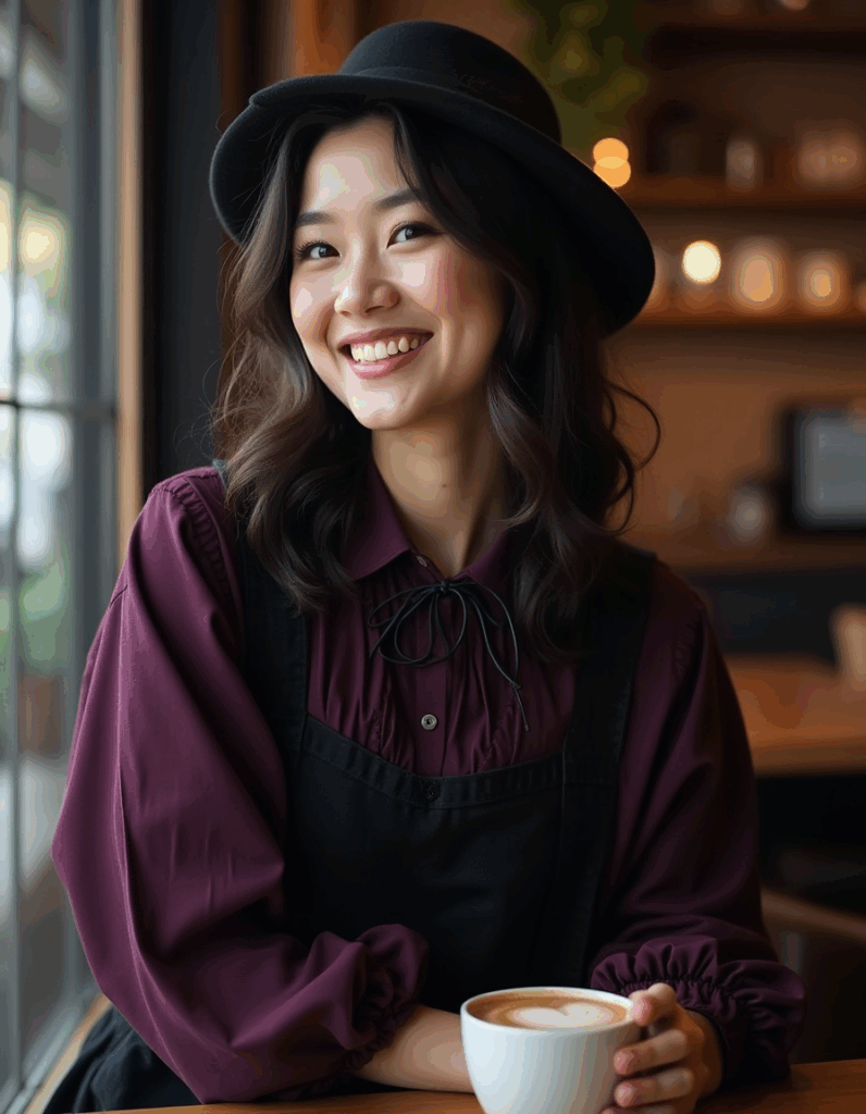 modern gothic fashion woman with plum blouse, black pinafore dress, and gothic hat in coffee shop