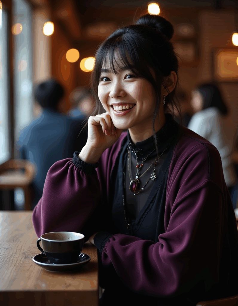 gothic fashion woman wearing plum cardigan and layered gothic necklaces at coffee shop