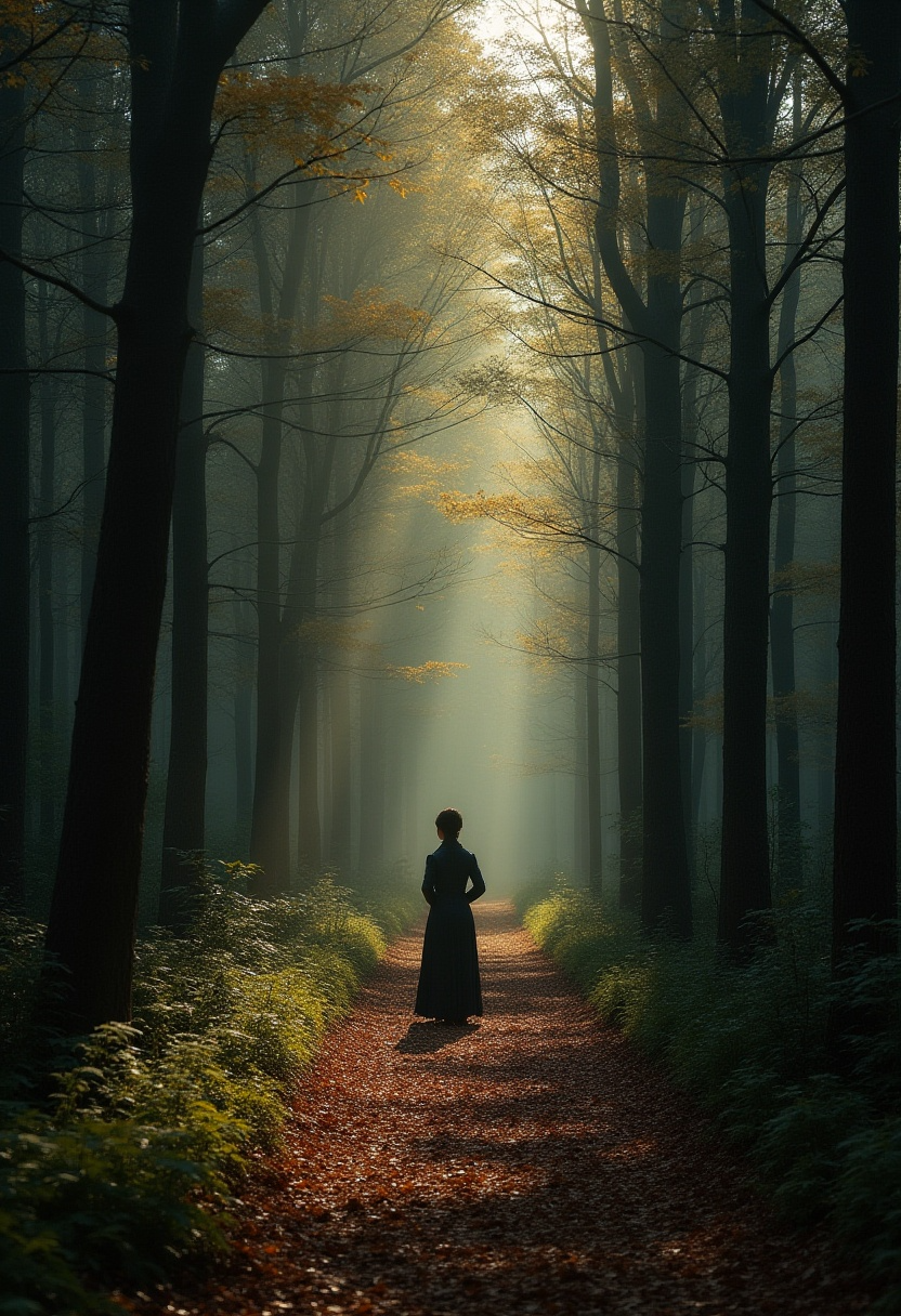 Sunlight streams through a tall forest, illuminating a lone figure on a leaf-covered path.