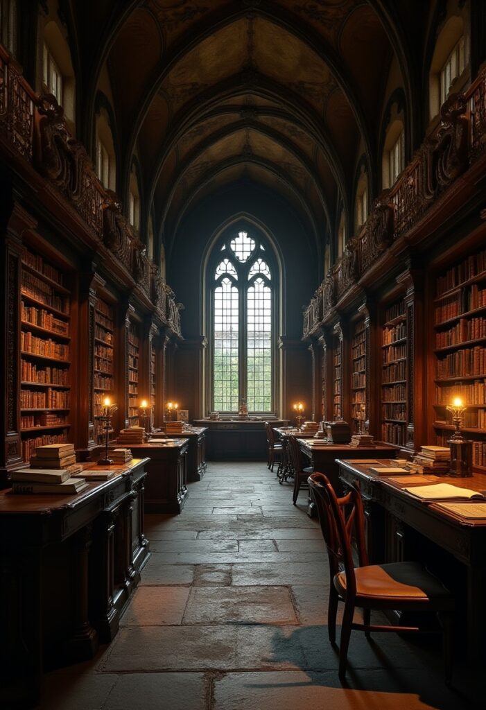 Gothic library with tall arched windows, candlelight, and rows of old books – Dark Academia mood.
