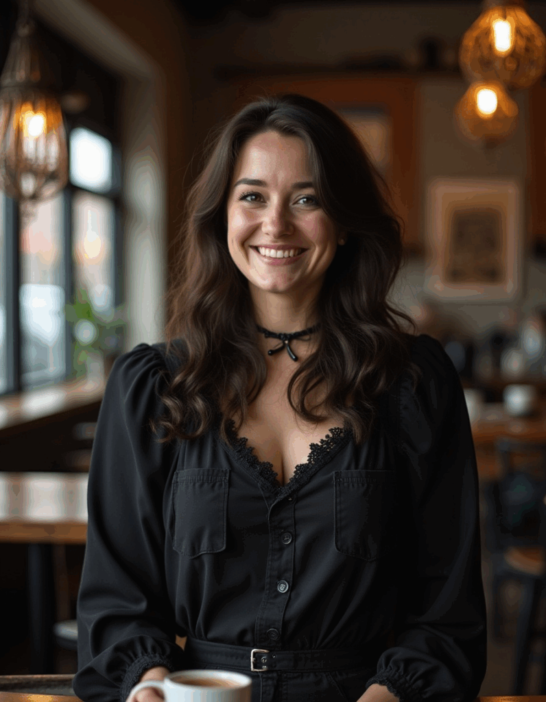 Woman in gothic fashion black lace blouse with gothic necklace, modern gothic outfit inspiration at café