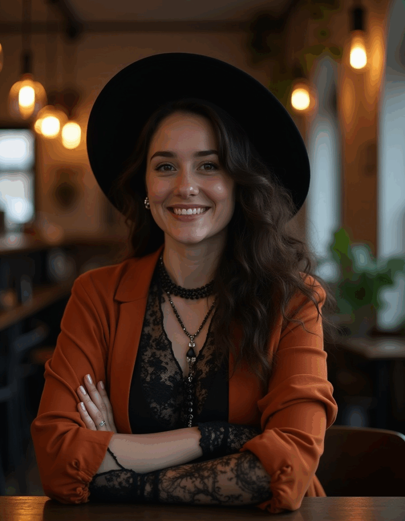 Modern gothic fashion outfit with lace top, orange blazer, and black wide brim hat