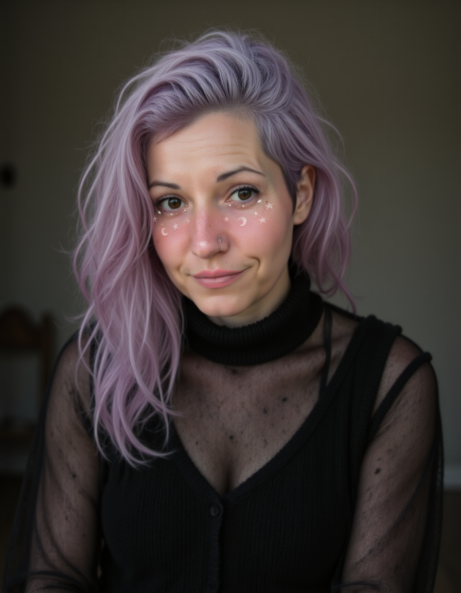 Whimsigoth portrait of Jamie Sabot with lavender hair, wearing celestial goth makeup with white stars and moons.