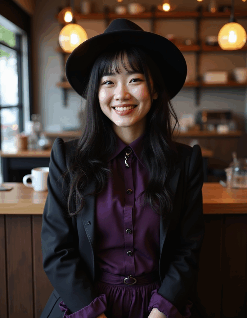 gothic fashion outfit with black hat, plum blouse, and black jacket in modern gothic style