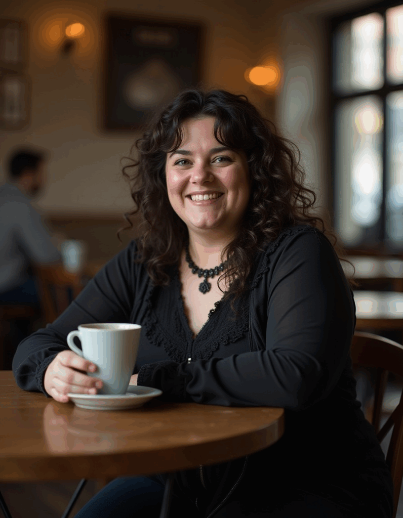 Woman in modern gothic fashion, black blouse with lace neckline, gothic necklace, holding coffee cup at café