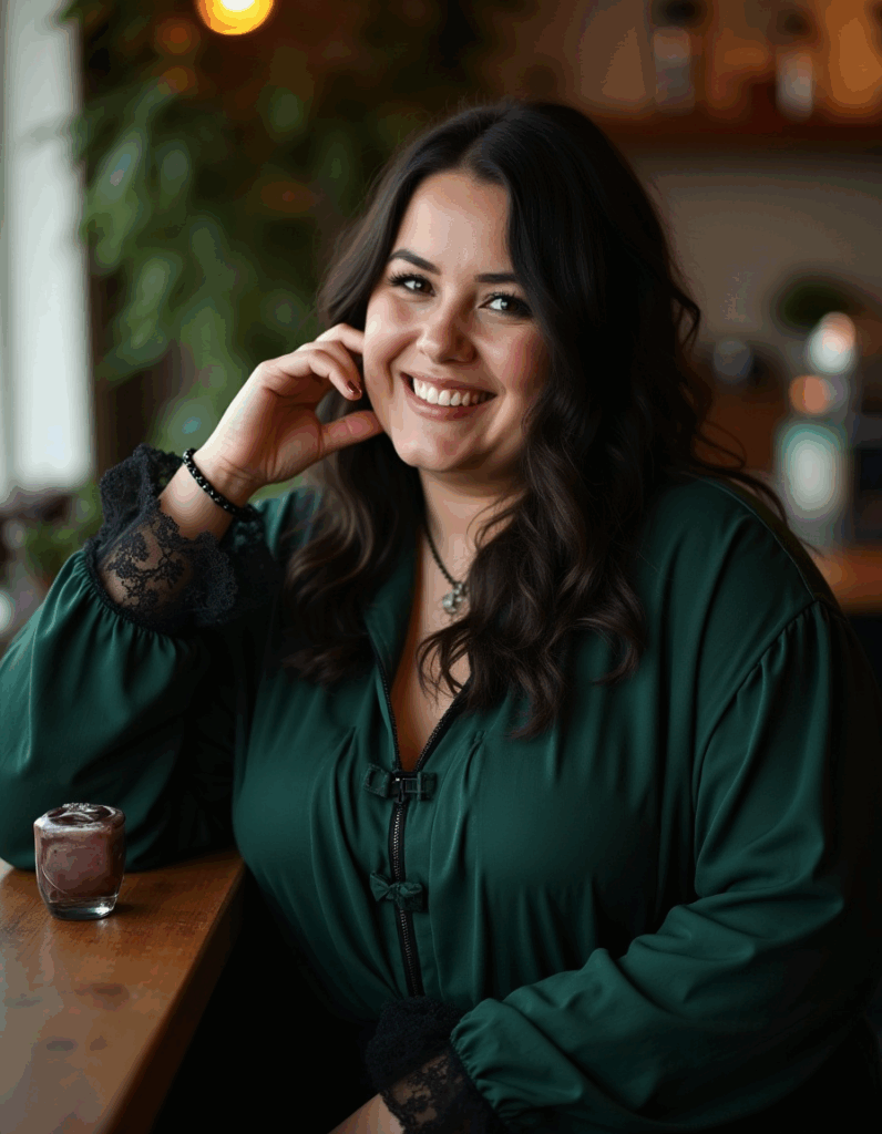 woman in modern gothic fashion, dark green blouse with lace cuffs, gothic necklace, sitting at café table