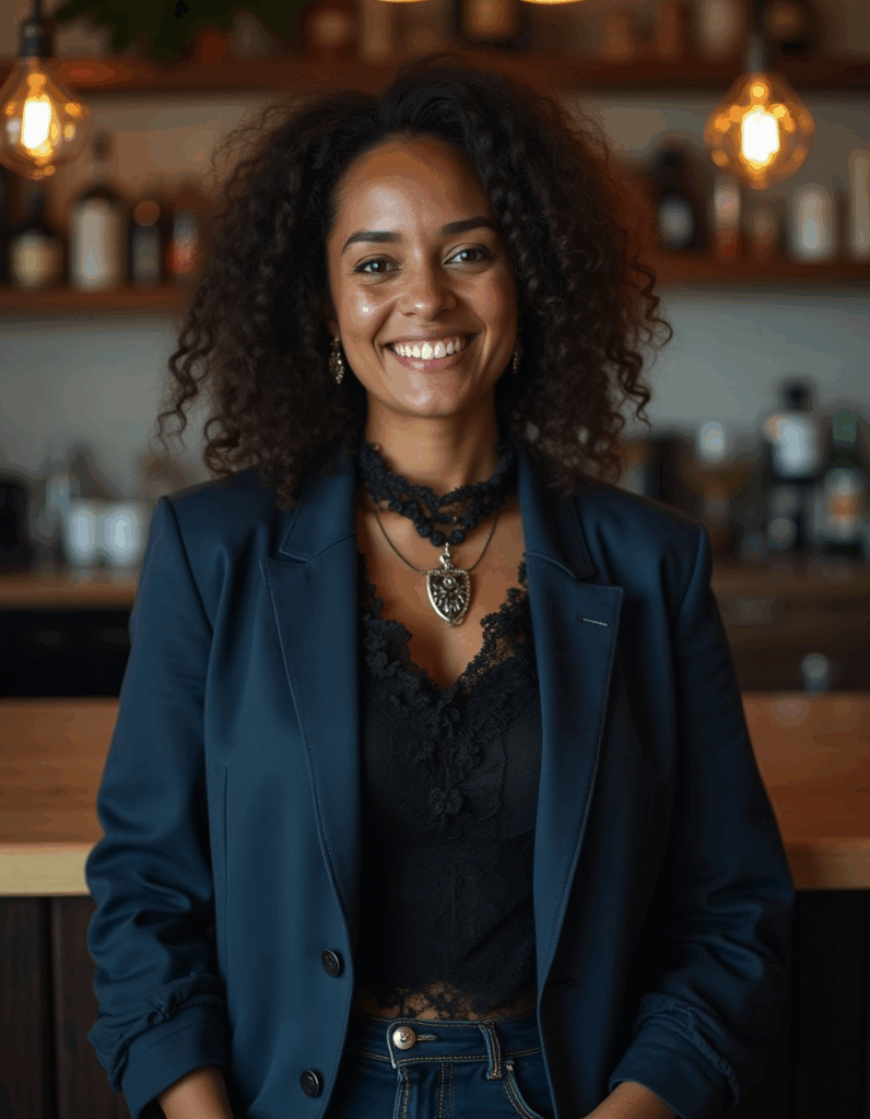Modern gothic fashion woman wearing lace top, gothic necklace, and navy blazer – dark elegant style inspiration