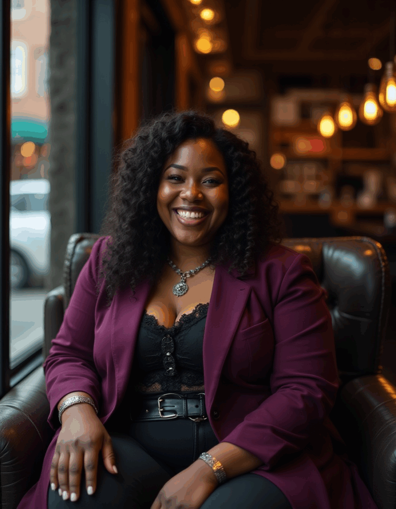 gothic fashion outfit with plum blazer, black lace corset top, and jewelry in gothic style