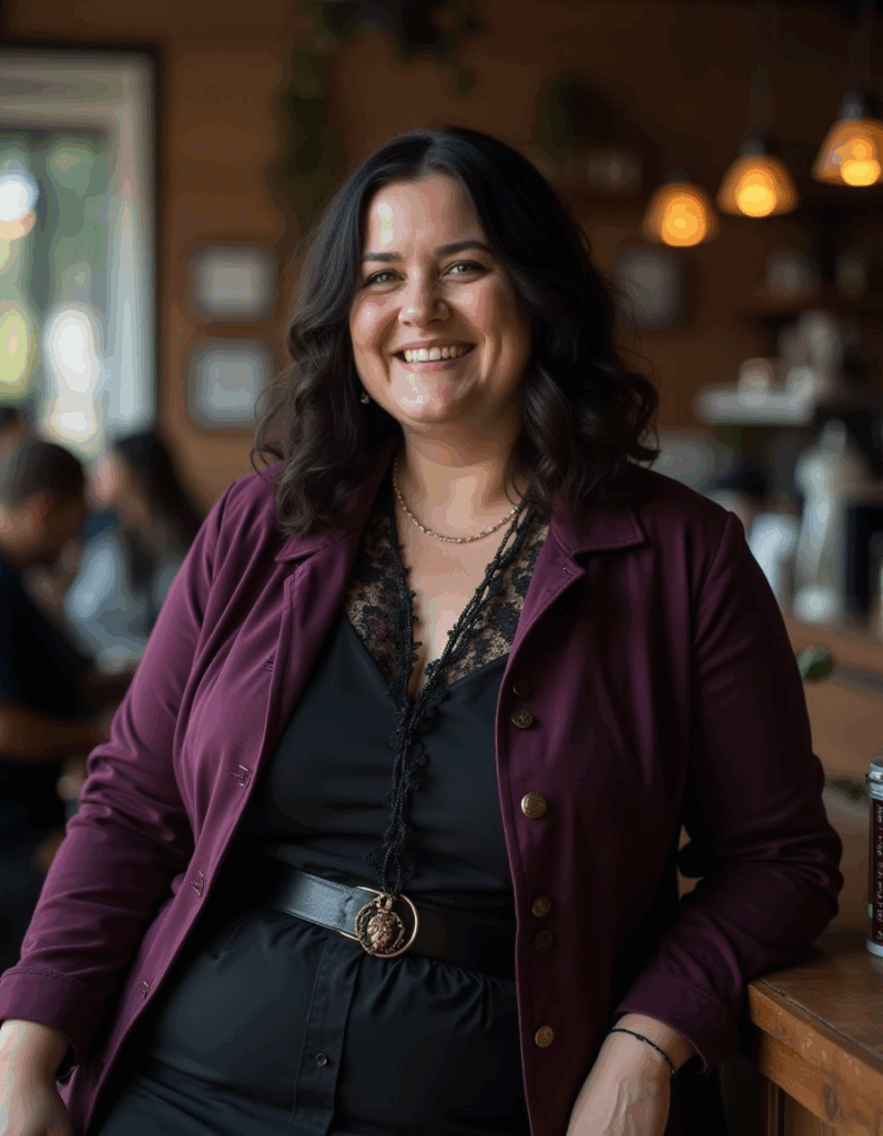 woman in modern gothic fashion wearing plum jacket, black lace top, and gothic pendant necklace, gothic clothing inspiration at café