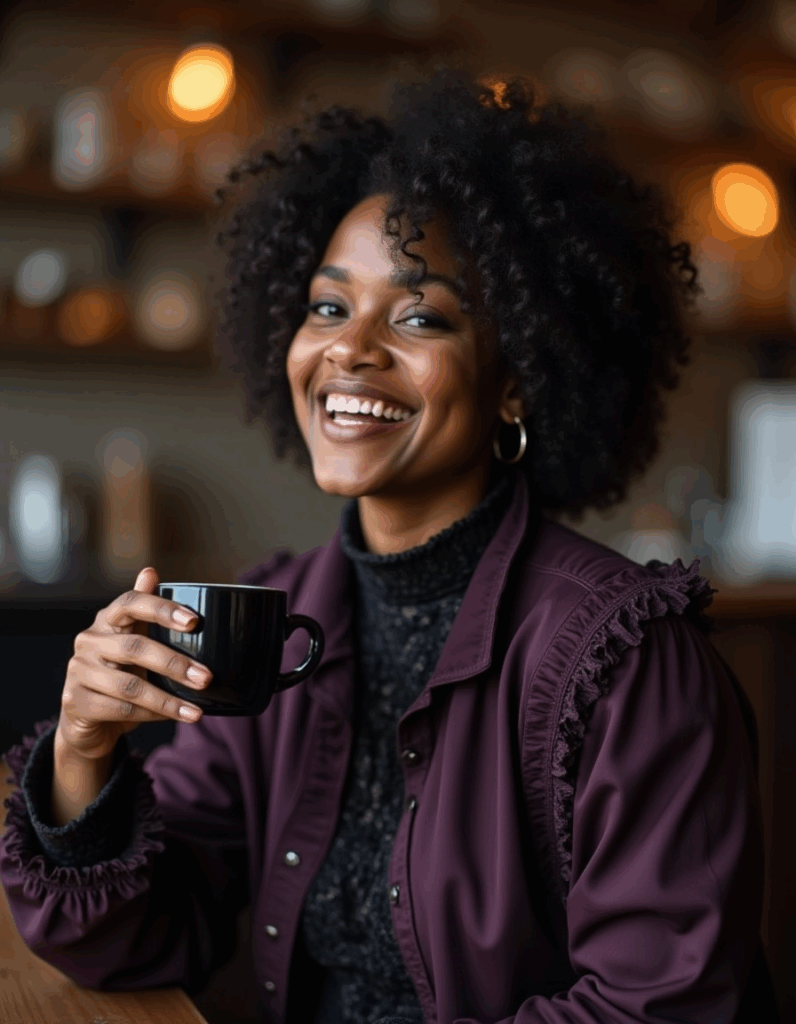 modern gothic fashion outfit with plum jacket, lace top, and coffee shop aesthetic