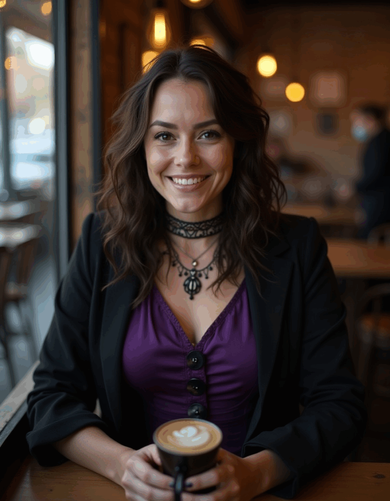 Woman wearing a Modern Gothic Fastion Outfit (a casual fall look) inspired by the Dark Victorian Goth Aesthetic