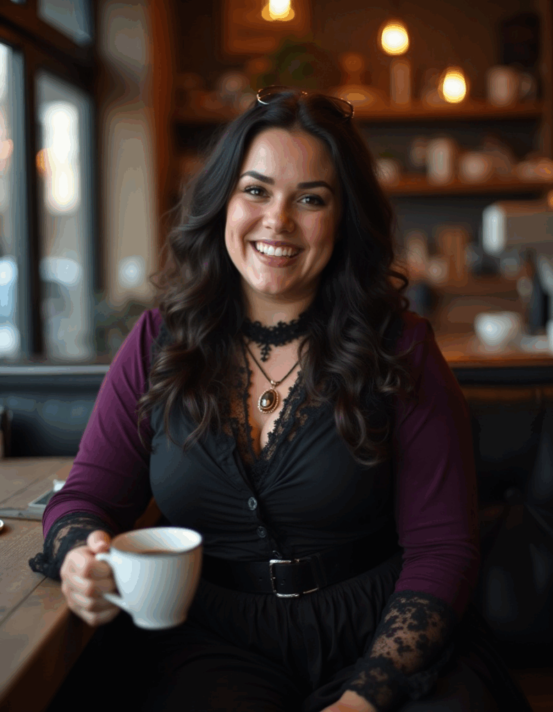 Woman wearing a Modern Gothic Fashion Outfit (a casual fall look) inspired by the Dark Victorian Goth Aesthetic