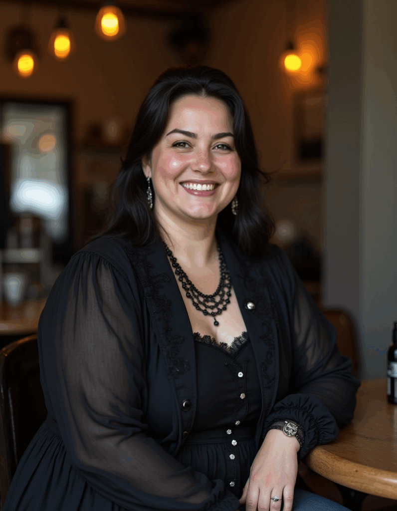 Woman wearing a Modern Gothic Fashion Outfit (a casual fall look) inspired by the Dark Victorian Goth Aesthetic