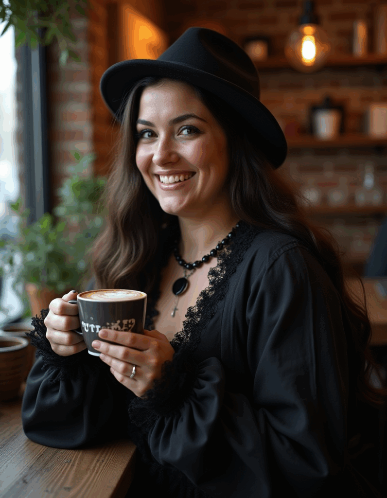 Woman wearing a Modern Gothic Fashion Outfit (a casual fall look) inspired by the Dark Victorian Goth Aesthetic