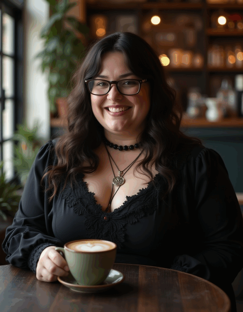 Woman wearing a Modern Gothic Fashion Outfit (a casual fall look) inspired by the Dark Victorian Goth Aesthetic