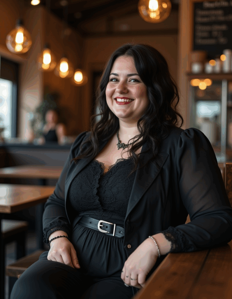 Woman wearing a Modern Gothic Fashion Outfit (a casual fall look) inspired by the Dark Victorian Goth Aesthetic