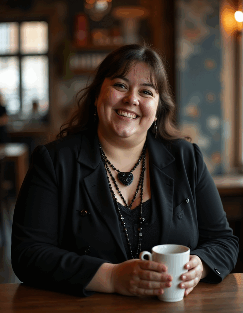 Woman wearing a Modern Gothic Fashion Outfit (a casual fall look) inspired by the Dark Victorian Goth Aesthetic