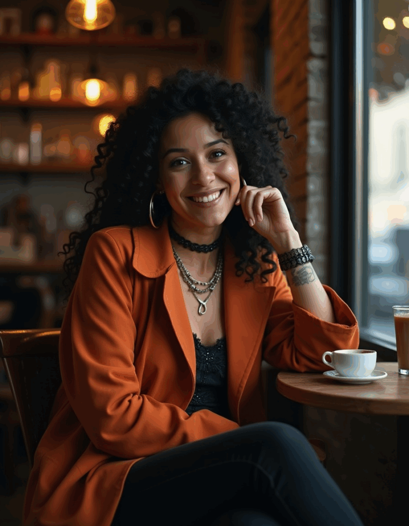 Gothic chic fashion with lace top, orange blazer, layered jewelry – modern gothic casual look