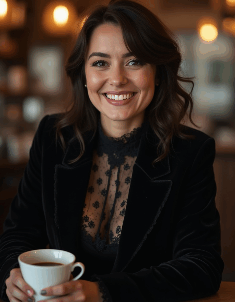 A woman wearing a modern gothic victorian-inspired outfit including a velvet blazer and a high neck lace trim top.
