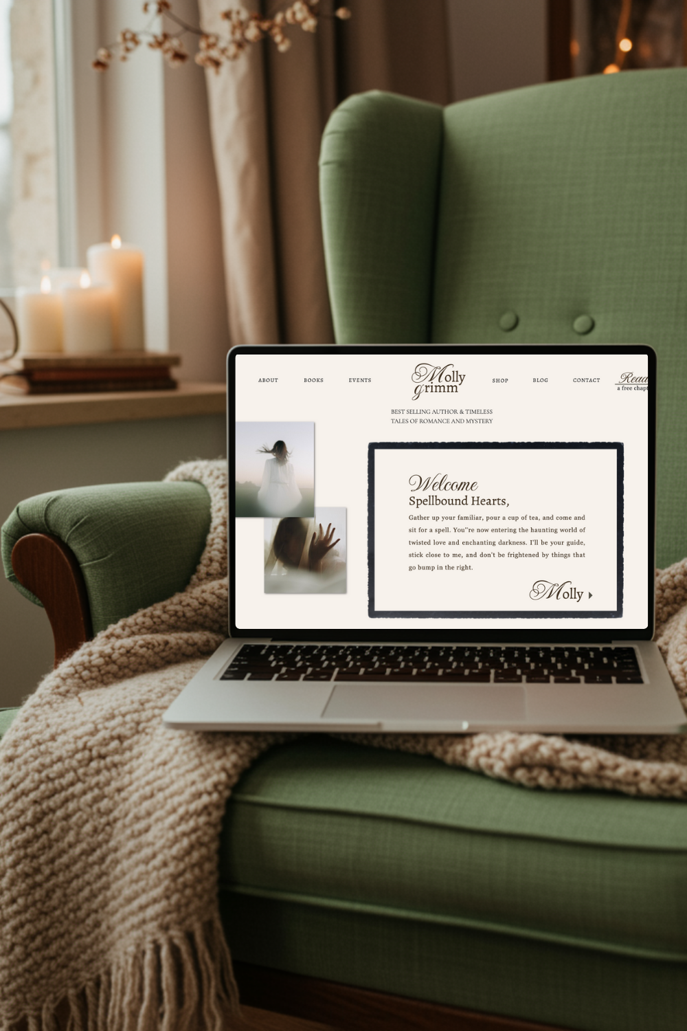 Laptop mockup showing the Molly Grimm Showit website template for authors, styled with candles, cozy blanket, and a Victorian gothic aesthetic.