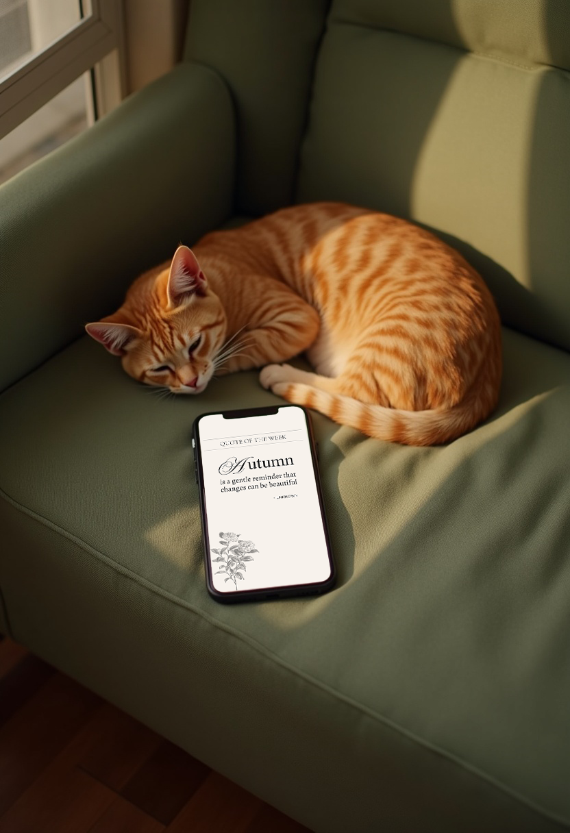 Mockup of autumn Instagram quote template on a phone beside a sleeping orange cat on a green chair, cozy seasonal fall aesthetic.