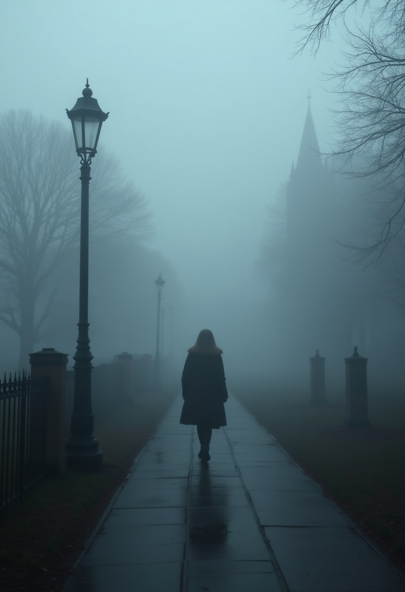 A lone figure walking down a foggy path lined with lamps and gravestones.