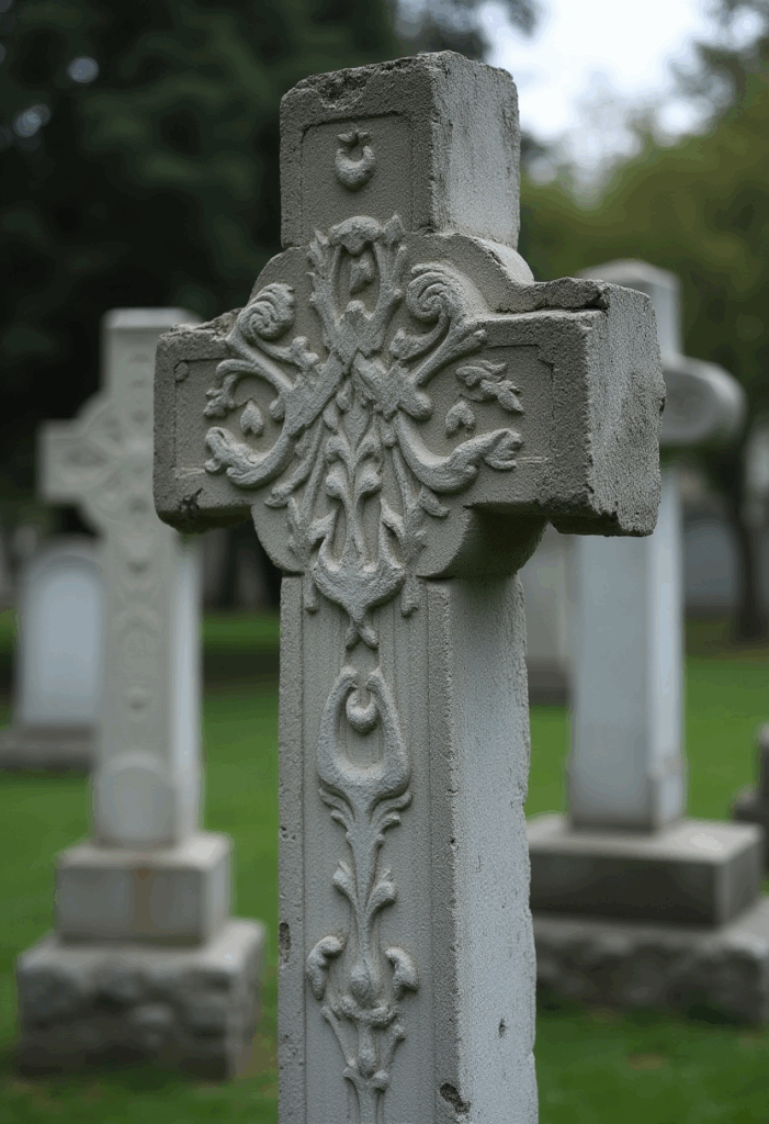Ornate carved cross gravestone in a gothic cemetery