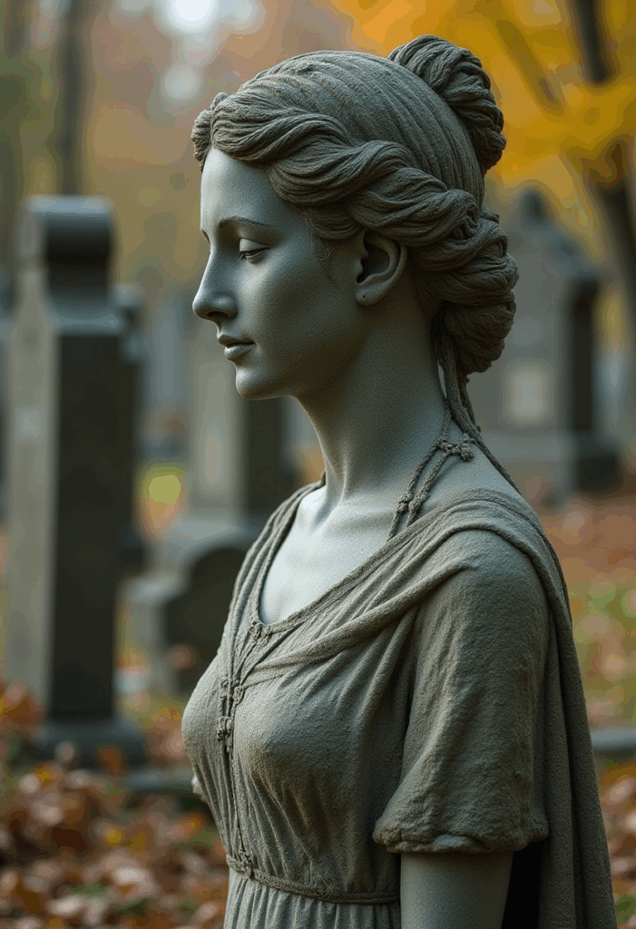 Side profile of a Victorian female statue in a gothic cemetery