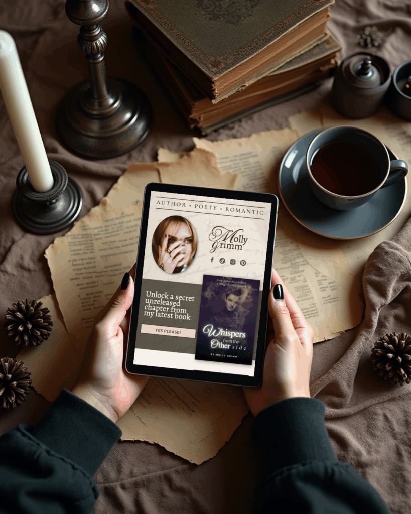 Victorian gothic author website template mockup on tablet with candles, books, and tea — dark academia style