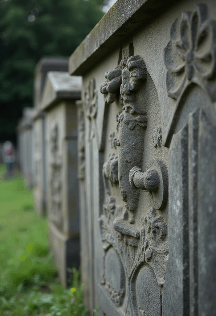 Ornate relief carving on a gravestone in a gothic cemetery
