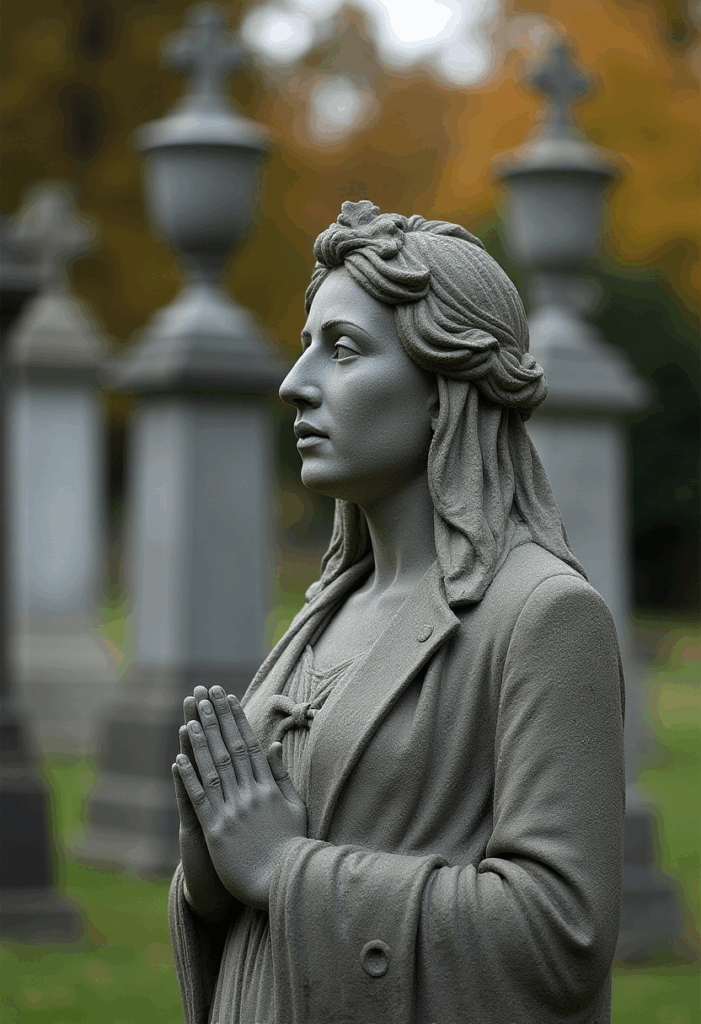 Stone statue of a praying woman in a Victorian cemetery