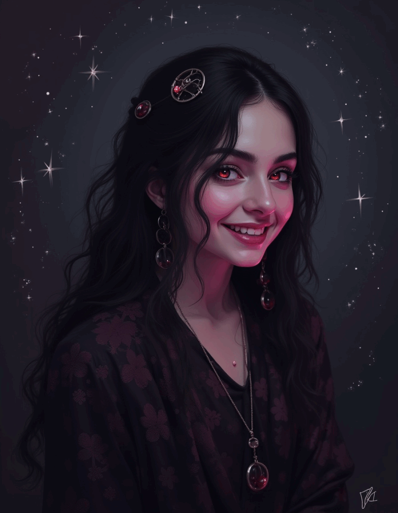 Dark-haired woman with celestial accessories and glowing pink light.