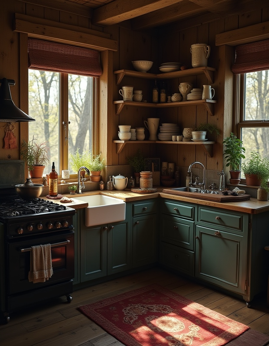 Rustic WitchTok kitchen with herbs, wooden shelves, and cozy gothic cottage vibes. Title: WitchTok Kitchen Aesthetic with Herbs and Shelves