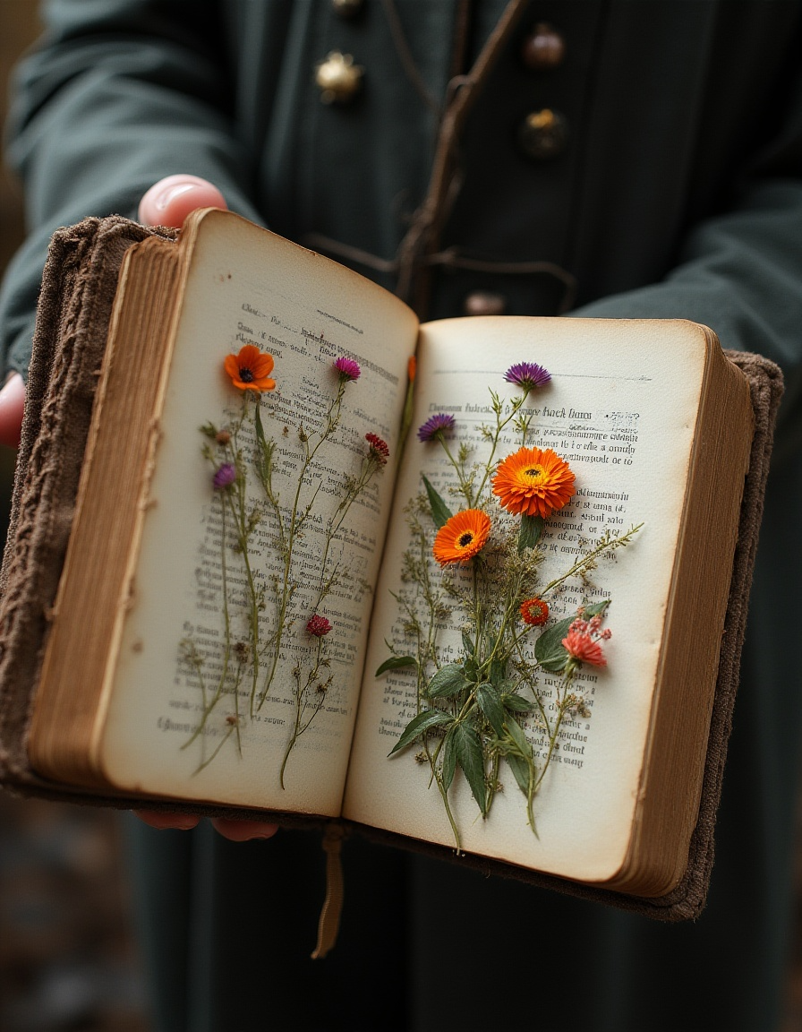 WitchTok pressed flowers inside a vintage book, blending nature and magic. Title: WitchTok Pressed Flowers and Book Ritual